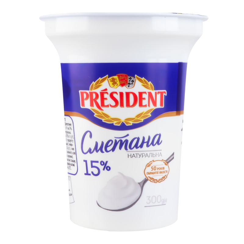 Сметана President 15% стакан 300г