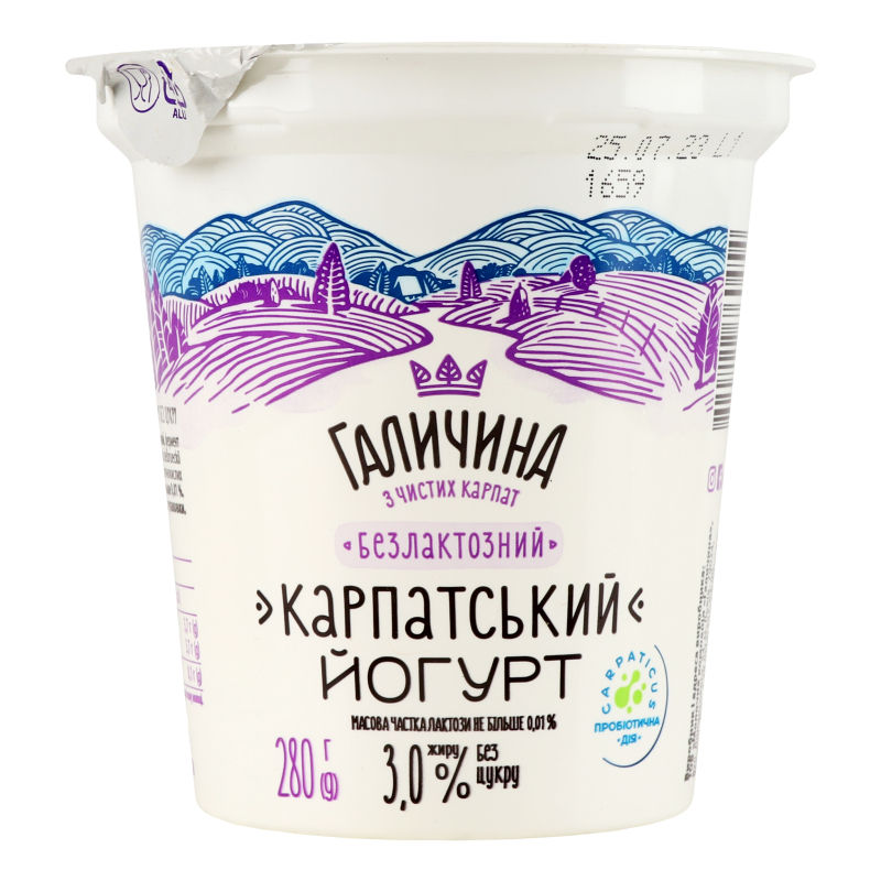 Йогурт безлакт. Карпатський б/цукру 3% стак 280г Галичина