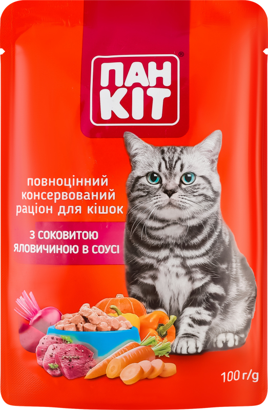 Корм д/котів яловичина в соусі пауч 100г Пан Кот