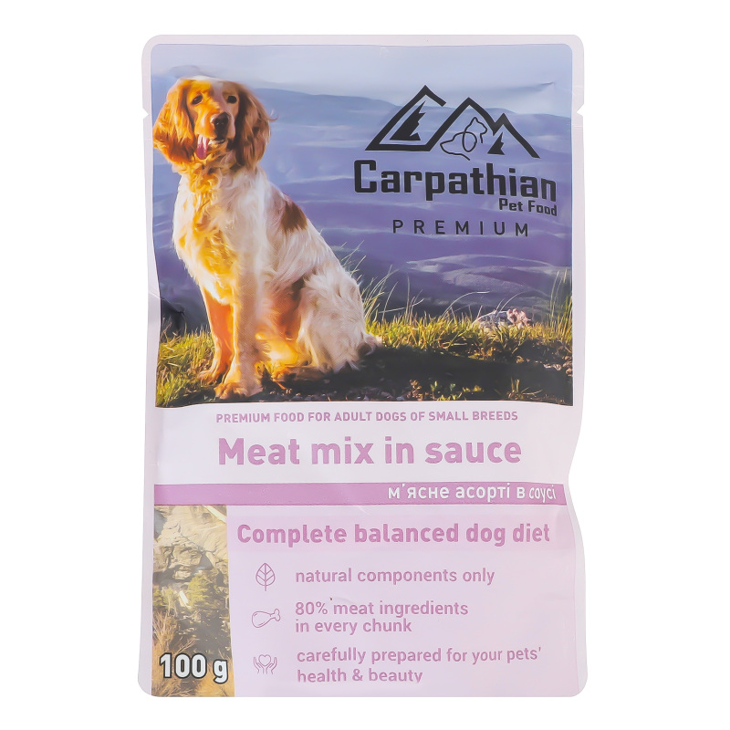 Корм д/собак  м’ясне асорті в соусі 100г Carpathian Pet Food