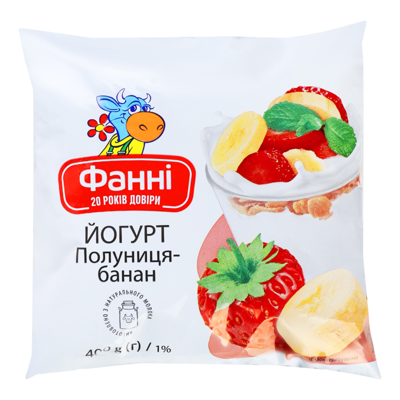 Йогурт питний полуниця-банан 1% п/е 400мл Фанні